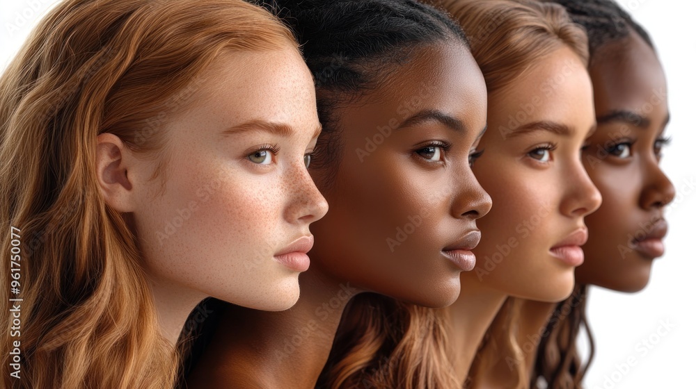 Four individuals stand side by side, highlighting their distinctive profiles and features Four individuals stand side by side, highlighting their distinctive profiles and features