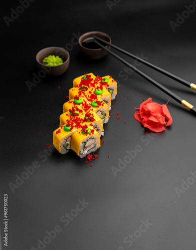 Sushi Roll with cheddar cheese and red masago photo