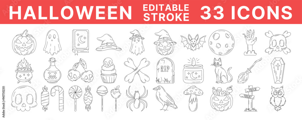 Halloween line icons set, vector illustration, editable black stroke. Autumn celebration collection, october scary and spooky elements. Pumpkin, sweets, ghost, spell book, witch hat, skull and bones Halloween line icons set, vector illustration, editable black stroke. Autumn celebration collection, october scary and spooky elements. Pumpkin, sweets, ghost, spell book, witch hat, skull and bones