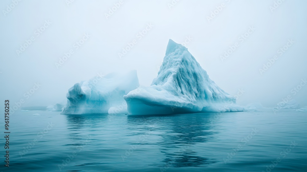 Icebergs float on the vast white sea. The light makes the cold environment feel calm and peaceful. Icebergs float on the vast white sea. The light makes the cold environment feel calm and peaceful.