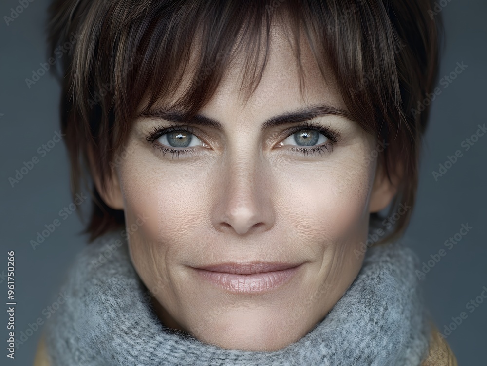 Close up Portrait of Woman with Short Brown Hair and Blue Eyes Close up Portrait of Woman with Short Brown Hair and Blue Eyes