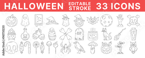 Halloween line icons set, vector illustration, editable black stroke. Autumn celebration collection, october scary and spooky elements. Pumpkin, sweets, ghost, spell book, witch hat, skull and bones