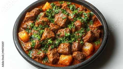 Tender beef cubes simmered in rich sauce with potatoes and fresh herbs for flavor