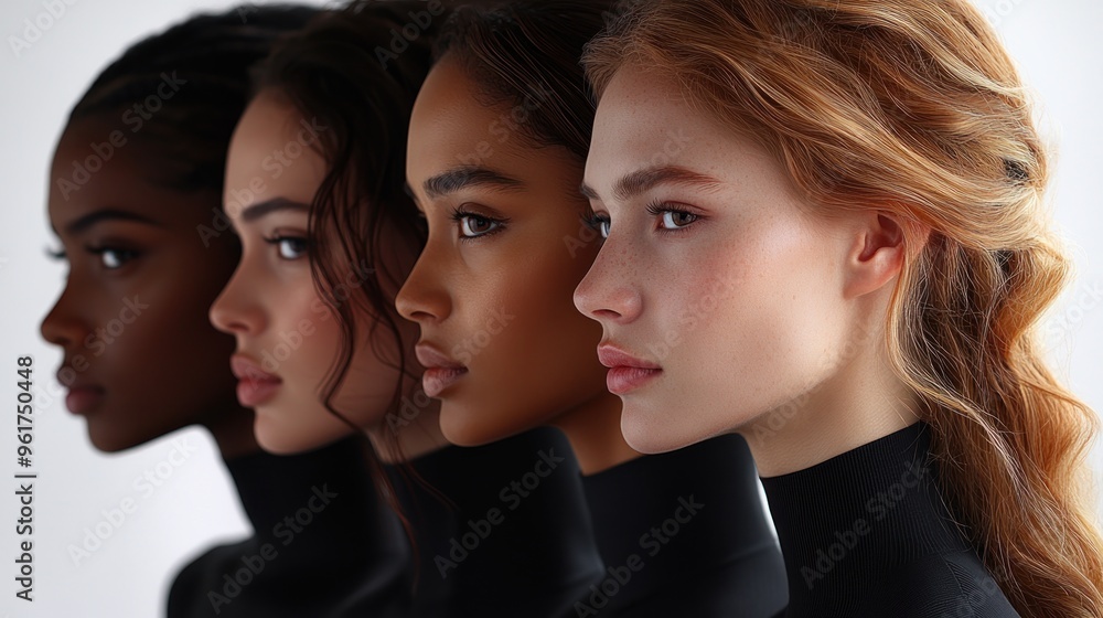 Four women model unique styles, highlighting diversity and elegance in a creative setting Four women model unique styles, highlighting diversity and elegance in a creative setting