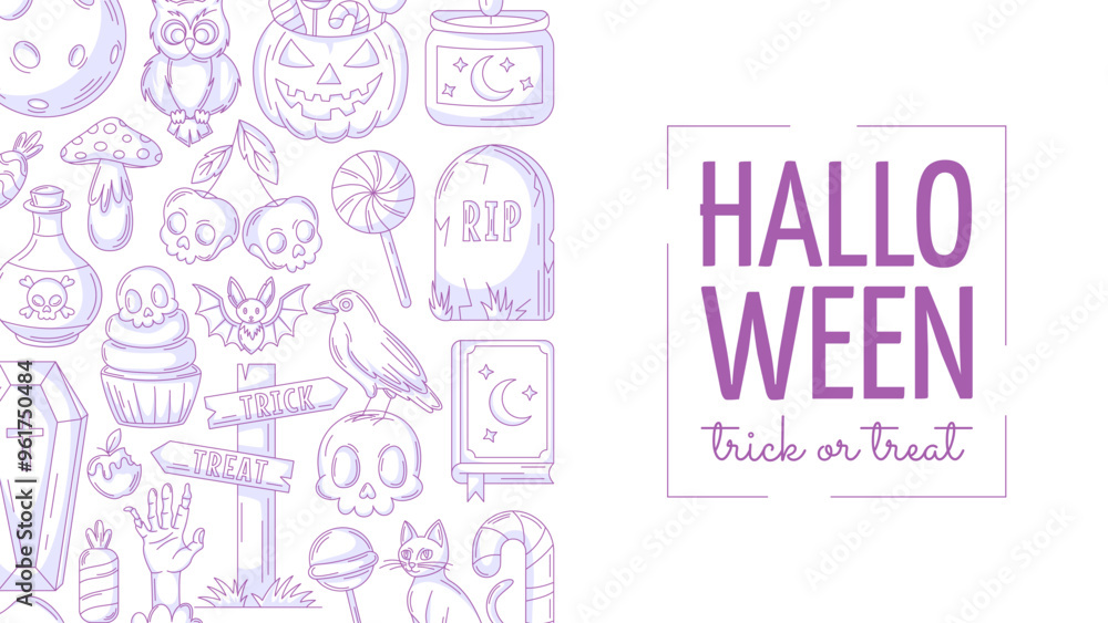 Halloween minimalist background, horizontal poster with spooky, scary icons. Flat vector illustration, monochrome purple side frame, space for text. For postcard, party, invitation, holiday, banner Halloween minimalist background, horizontal poster with spooky, scary icons. Flat vector illustration, monochrome purple side frame, space for text. For postcard, party, invitation, holiday, banner