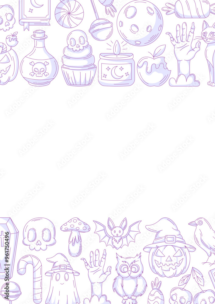 Halloween poster, vertical a4 background, space for text. Minimalist monochrome purple bottom and upper border frame. Holiday elements, skull, ghost, pumpkin, sweets. For card, banner, invitation Halloween poster, vertical a4 background, space for text. Minimalist monochrome purple bottom and upper border frame. Holiday elements, skull, ghost, pumpkin, sweets. For card, banner, invitation
