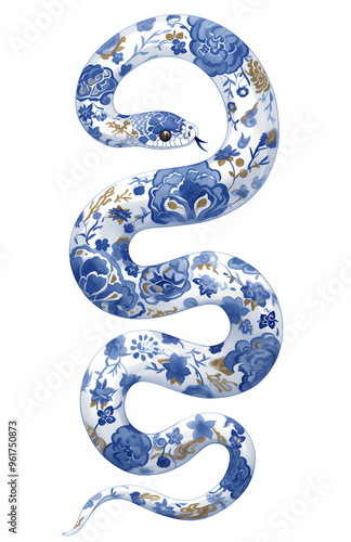 Blue and white snake illustration in style of ancient chinese art, blue and white chinoiserie pocelain ornament snake. Chinese New Year 2025 lunar symbol isolated