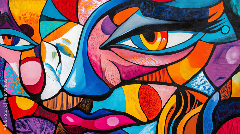 Obraz premium Vibrant Abstract Art with Dynamic Mythical Portraits and Bold Lines 