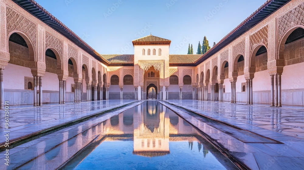 Fototapeta premium Vacant Alhambra in Spain with an empty courtyard and clear sky, highlighting the intricate Moorish architecture