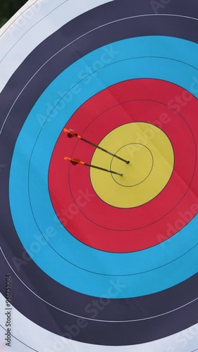 Vertical Six archery sport arrows hit new target center bulls eye on olympic target