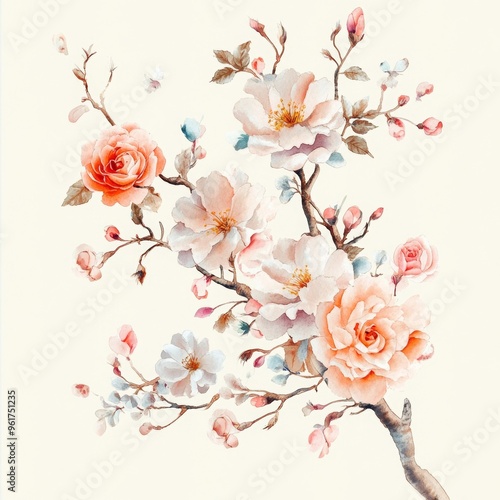 10. Sakura tree branch, adorned with roses and peonies, vibrant summer leaves, watercolor style photo