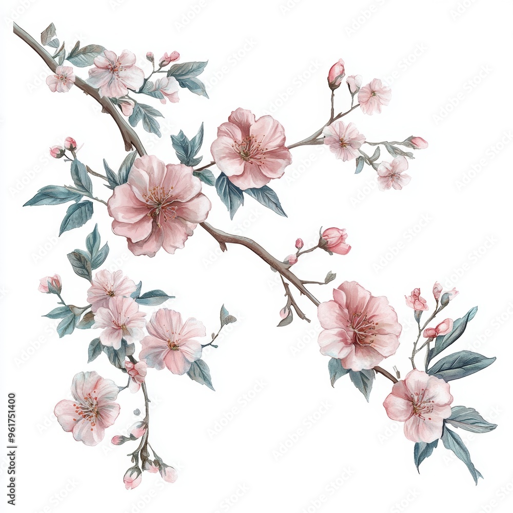 12. Rustic floral elements, sakura, rose, and peony branches with summer leaves, watercolor style 12. Rustic floral elements, sakura, rose, and peony branches with summer leaves, watercolor style