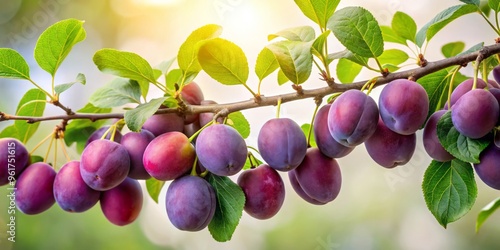 Vibrant purple plums dangle from a sturdy branch, adorned with delicate leaves and suspended against a bright, airy photo