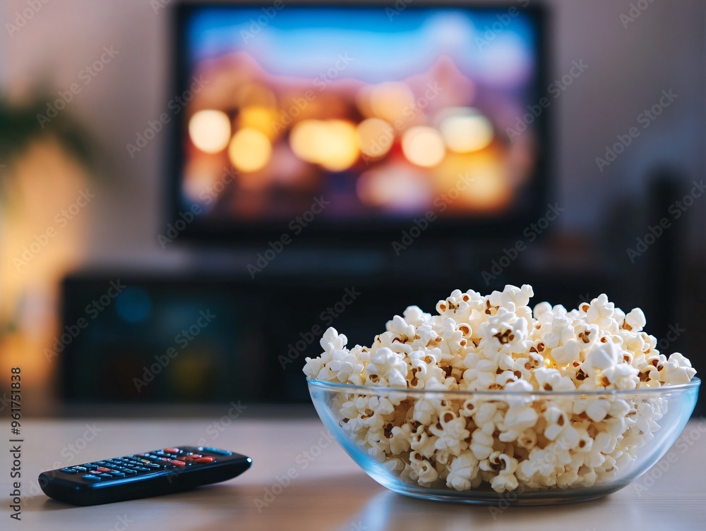 A bowl of popcorn sits invitingly on a table in front of a television set during a cozy movie night at home A bowl of popcorn sits invitingly on a table in front of a television set during a cozy movie night at home