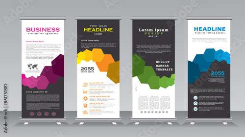 Roll up banner design tempalte set for business events,conferance, welcome, meetings, presentations, marketing, promotions, with blue, green, yellow, and purple color, print ready vetical banner. photo