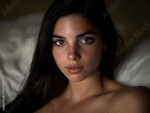 Closeup Portrait of Beautiful Woman with Brown Eyes and Freckles