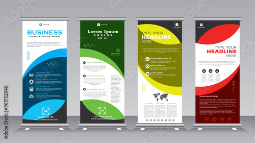 Roll up banner design tempalte set for business events, annual conferance, welcome, meetings, presentations, marketing, promotions, with blue, green, yellow, and red color, print ready vetical banner.
