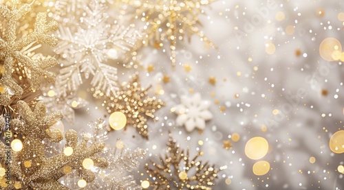 Golden snowflake ornaments hanging against a dreamy Christmas background, adorned with soft bokeh lights creating a warm, festive atmosphere. The blurred backdrop enhances the sparkle and magic scene