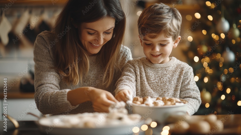 Mother and Child Baking Cookies at Christmas Mother and Child Baking Cookies at Christmas