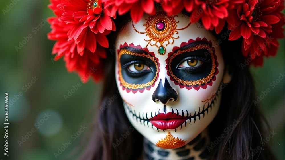 A woman with a painted face in the form of a skull, with red flowers on her head A woman with a painted face in the form of a skull, with red flowers on her head