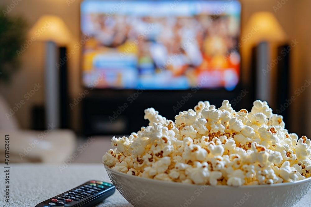 A bowl of popcorn sits invitingly on a table in front of a television set during a cozy movie night at home A bowl of popcorn sits invitingly on a table in front of a television set during a cozy movie night at home