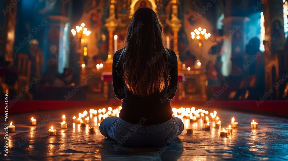 Woman Meditating with Candles in a Dimly Lit Church Woman Meditating with Candles in a Dimly Lit Church