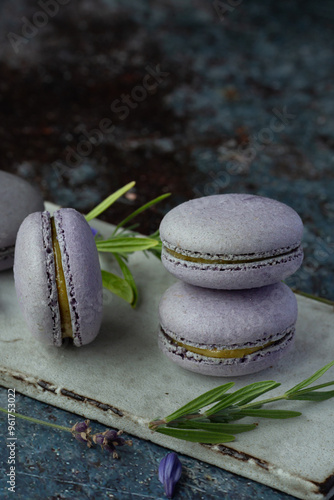 Purple french macaroons  on the blue background photo