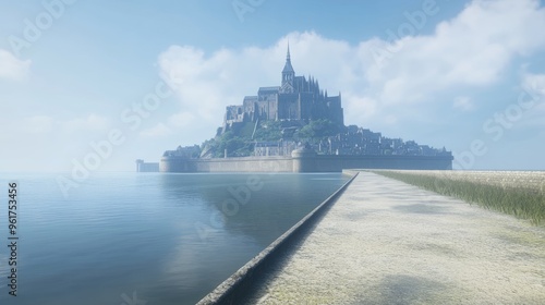 Vacant Mont Saint-Michel with an empty tidal causeway and clear sky, highlighting the medieval abbey