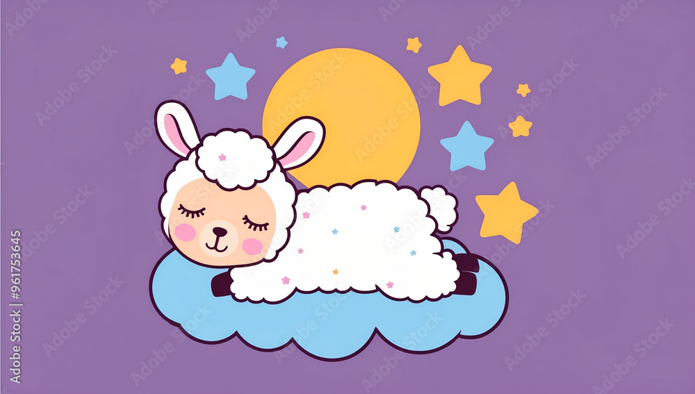 Little cartoon llama sleeping on a cloud, flat design illustration Little cartoon llama sleeping on a cloud, flat design illustration
