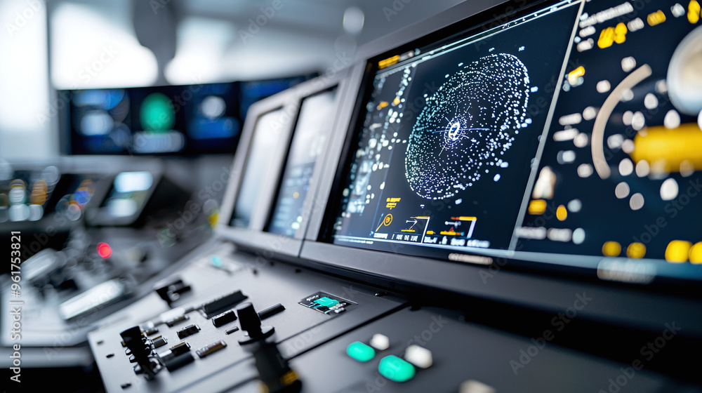 Obraz premium close-up of an astronomy observatory’s control panel, with a focus on digital displays and sophisticated technology
