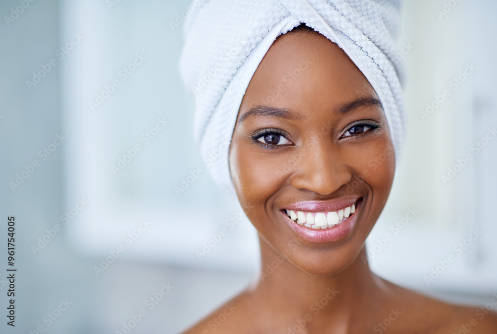 Happy, skincare and portrait of black woman in bathroom for shower, beauty cosmetics and diy spa treatment. Self care, dermatology and morning glow with person at home for relax, pamper and shine Happy, skincare and portrait of black woman in bathroom for shower, beauty cosmetics and diy spa treatment. Self care, dermatology and morning glow with person at home for relax, pamper and shine