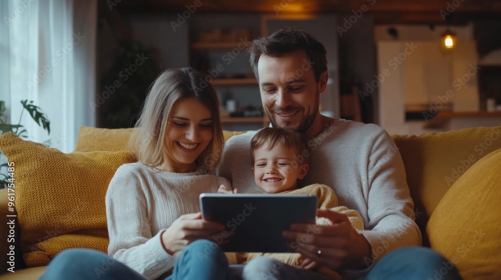 Happy family using tablet at home