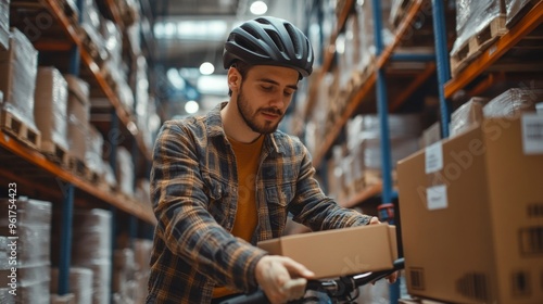 Man in warehouse on a bicycle carrying a package