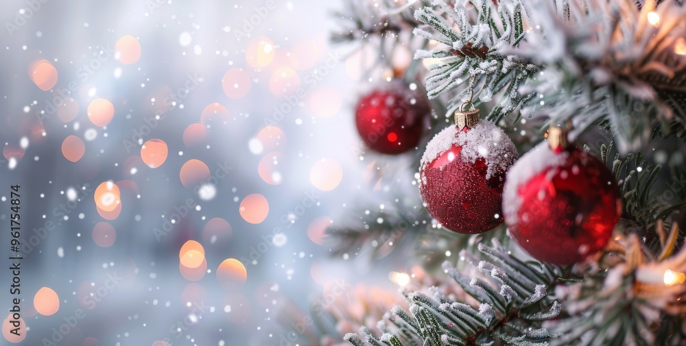Fototapeta premium Christmas with a beautifully decorated tree adorned with red baubles and twinkling lights. Snow gently falls in the background, creating a festive and cozy atmosphere in stunning