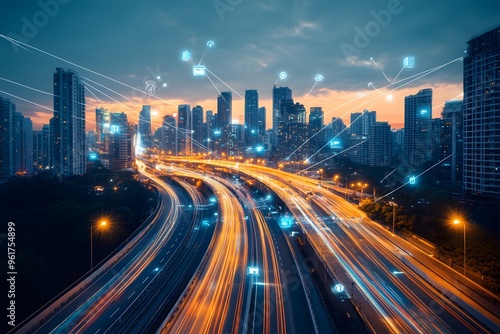 Cityscape at Night with Illuminated Highway and Digital Network Connections