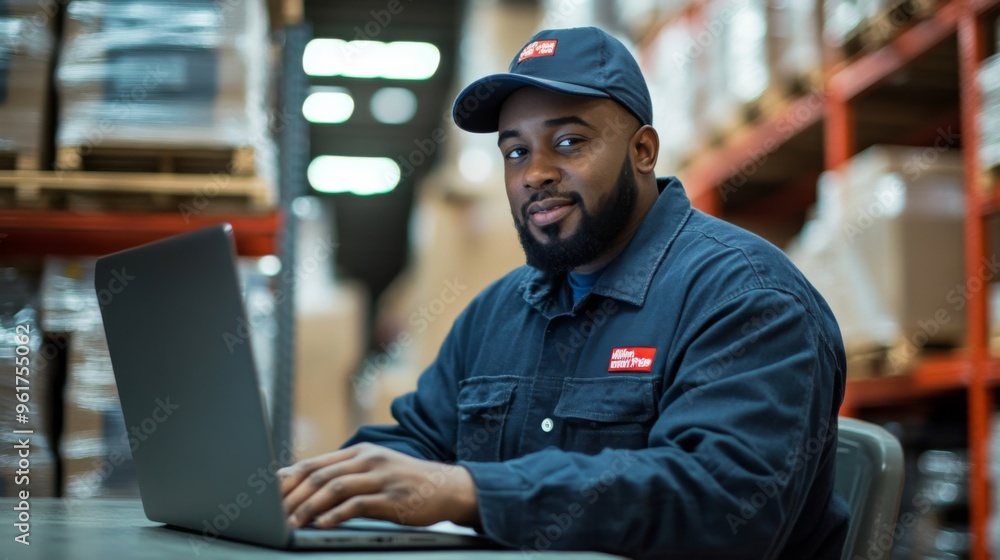 Warehouse Employee Working on Laptop Warehouse Employee Working on Laptop