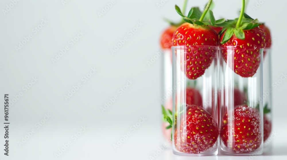 Close-up of fresh, vibrant strawberries stacked inside transparent test tubes against a clean white background. The arrangement highlights the freshness and vivid red color of the fruit, creating a Close-up of fresh, vibrant strawberries stacked inside transparent test tubes against a clean white background. The arrangement highlights the freshness and vivid red color of the fruit, creating a