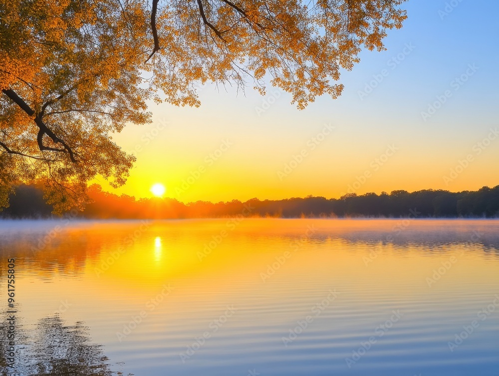 Serene sunrise illuminating the tranquil lake surrounded by autumn foliage at dawn