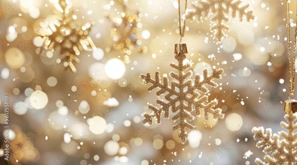 Fototapeta premium Golden snowflake ornaments hanging against a dreamy Christmas background, adorned with soft bokeh lights creating a warm, festive atmosphere. The blurred backdrop enhances the sparkle and magic scene