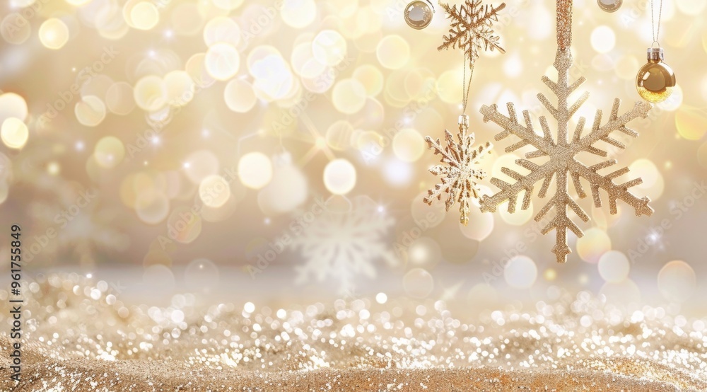 Golden snowflake ornaments hanging against a dreamy Christmas background, adorned with soft bokeh lights creating a warm, festive atmosphere. The blurred backdrop enhances the sparkle and magic scene Golden snowflake ornaments hanging against a dreamy Christmas background, adorned with soft bokeh lights creating a warm, festive atmosphere. The blurred backdrop enhances the sparkle and magic scene