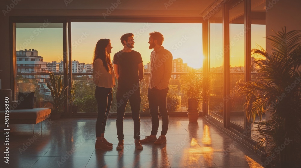 Three people conversing in a modern apartment during sunset Three people conversing in a modern apartment during sunset