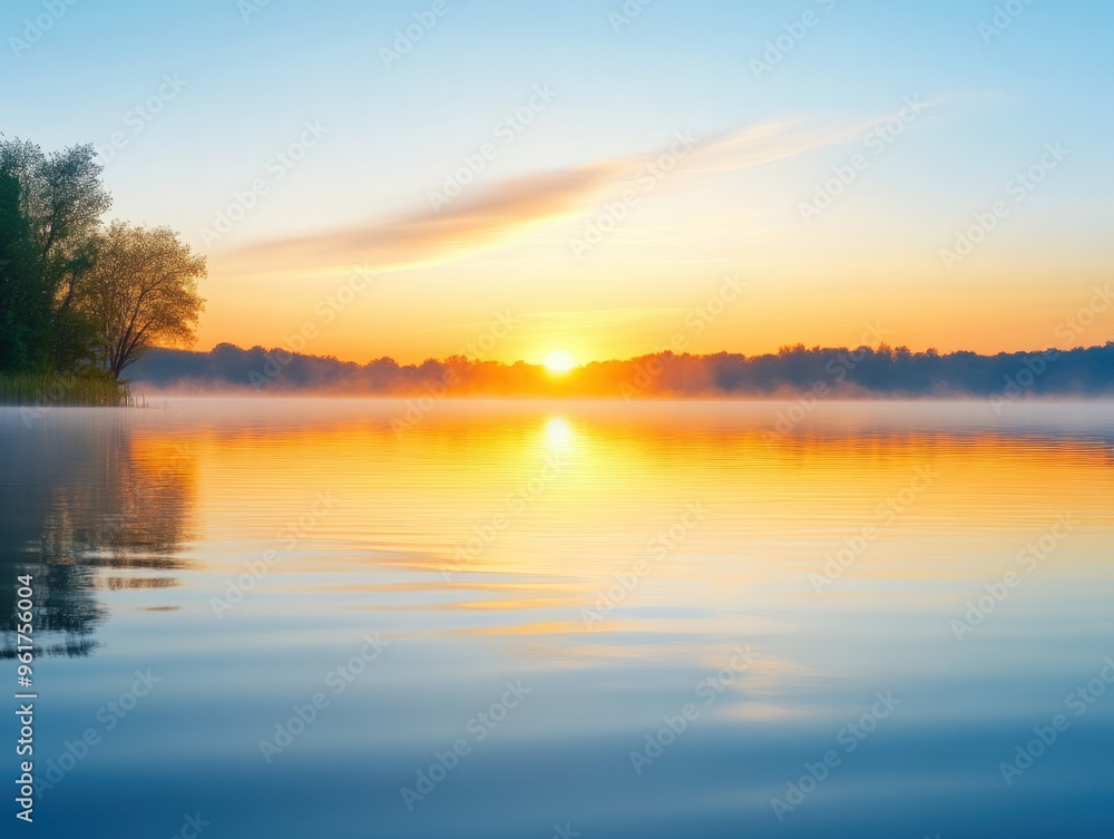 Gentle sunrise over a tranquil lake with colorful reflections and misty surroundings Gentle sunrise over a tranquil lake with colorful reflections and misty surroundings