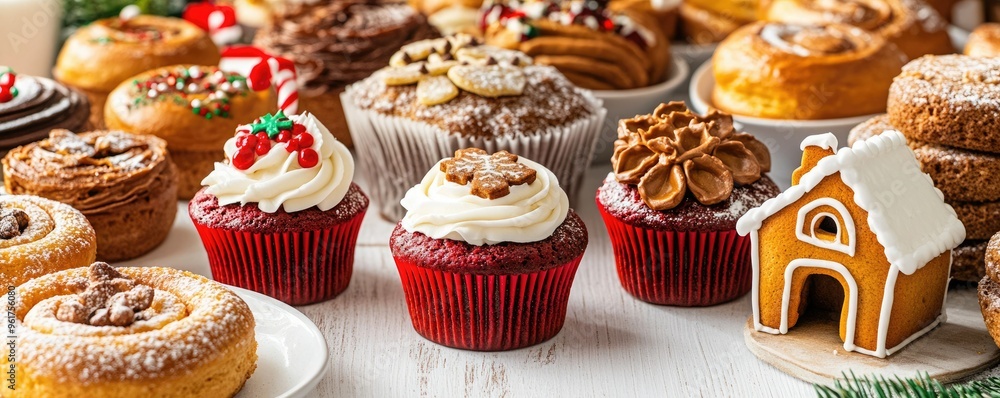 A delightful assortment of festive pastries, cupcakes, and gingerbread, perfect for holiday celebrations and sweet treats. A delightful assortment of festive pastries, cupcakes, and gingerbread, perfect for holiday celebrations and sweet treats.