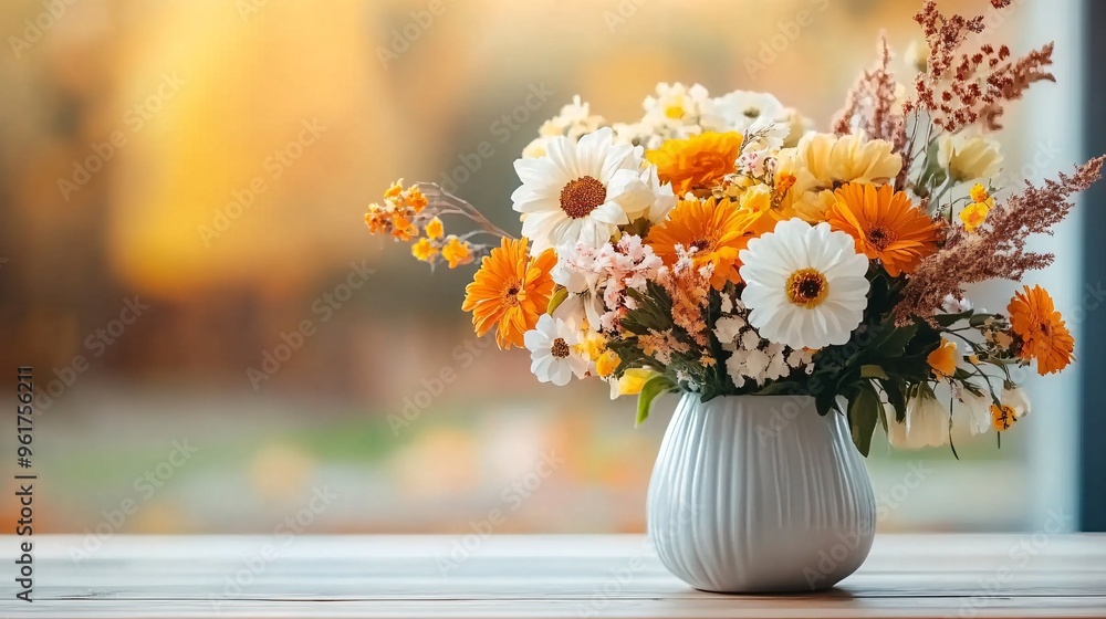 A vibrant bouquet of orange and white flowers in a textured vase, set against a soft, blurred background. A vibrant bouquet of orange and white flowers in a textured vase, set against a soft, blurred background.