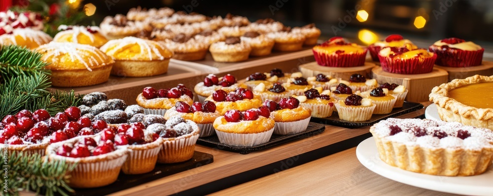Naklejka premium A festive display of various delicious holiday desserts, including cupcakes and tarts, beautifully arranged on a wooden table.