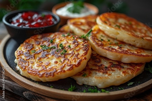 Russia: Syrniki Golden-brown cheese pancakes served with sour cream and a side of berry jam. 