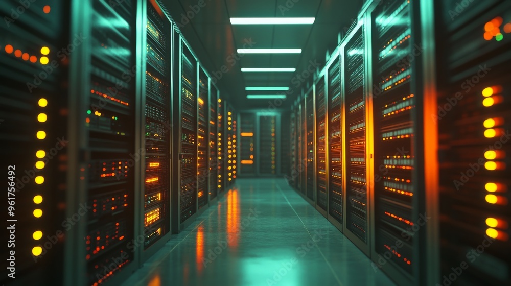 A futuristic server room with glowing lights A futuristic server room with glowing lights