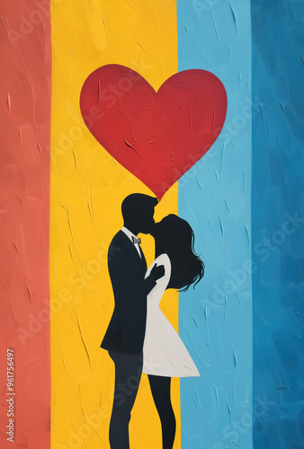 Silhouette of a couple kissing under a red heart with vibrant color block background, creating a modern, romantic pop-art style design. photo