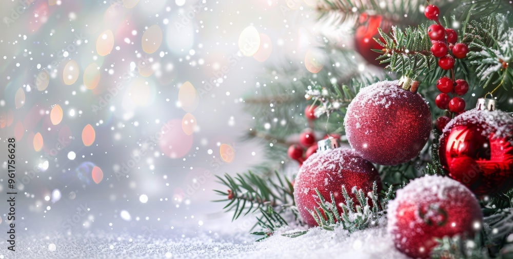 Christmas with a beautifully decorated tree adorned with red baubles and twinkling lights. Snow gently falls in the background, creating a festive and cozy atmosphere in stunning Christmas with a beautifully decorated tree adorned with red baubles and twinkling lights. Snow gently falls in the background, creating a festive and cozy atmosphere in stunning