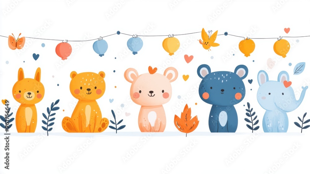 Obraz premium A decorative baby shower banner with cheerful messages and cute illustrations, displayed against a white background